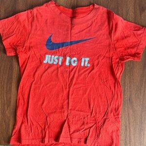 Nike Kids Red-Orange T-Shirt with Blue Nike Swoosh - size small youth